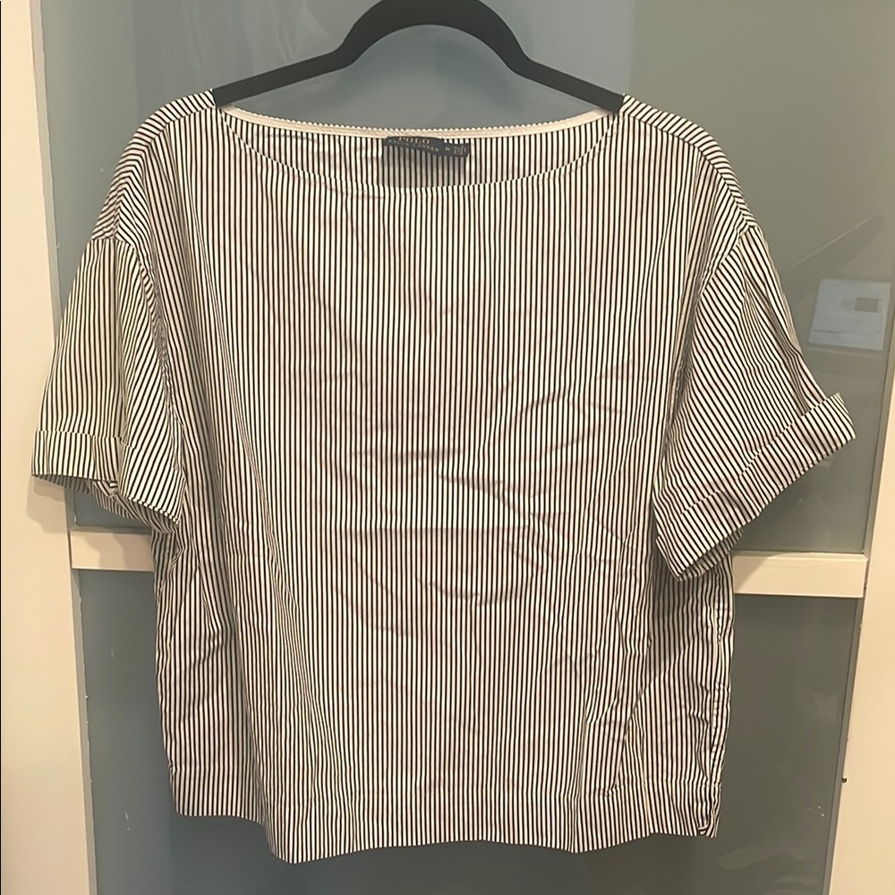 Polo Ralph Lauren Black and White Striped Top with Cuffed Sleeves, M